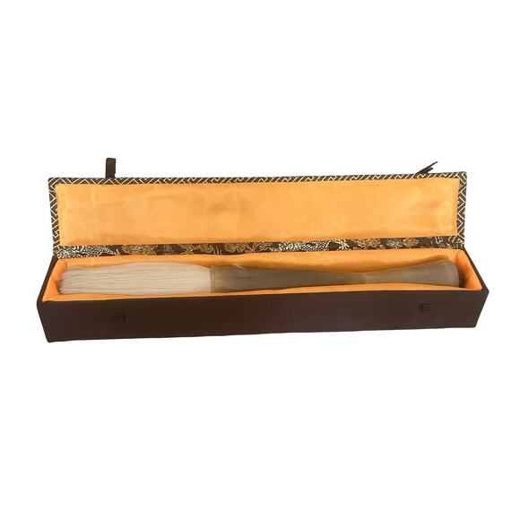 VTG Chinese or Japanese Large Calligraphy Brush Polished Bone Handle w Satin Box - Picture 2 of 9